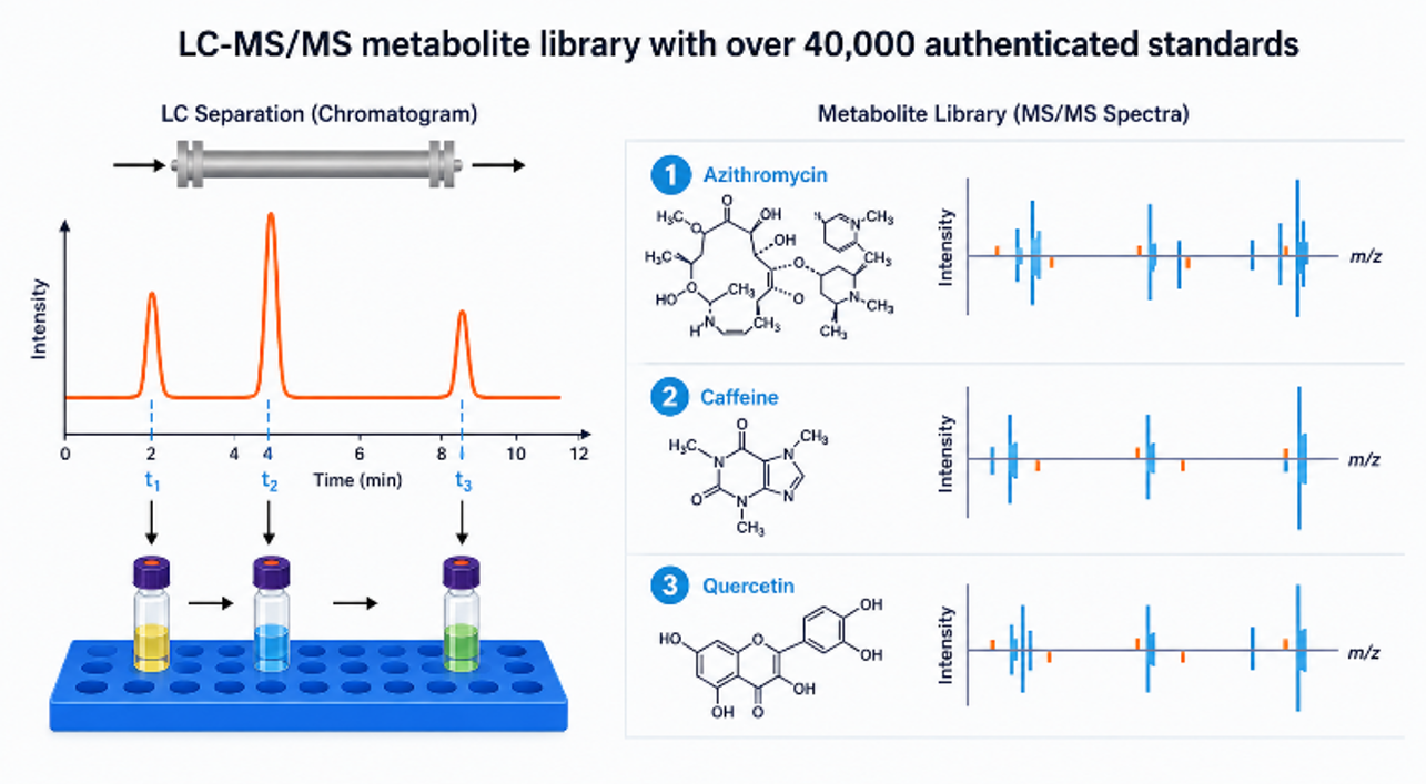LC-MS/MS metabolite library with over 40,000 authenticated standards — LC separation chromatogram and metabolite library MS/MS spectra for Azithromycin, Caffeine, and Quercetin